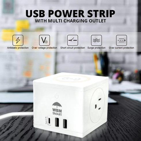3-in-1 Wireless Charging Cube Power Strip | WBM SMART